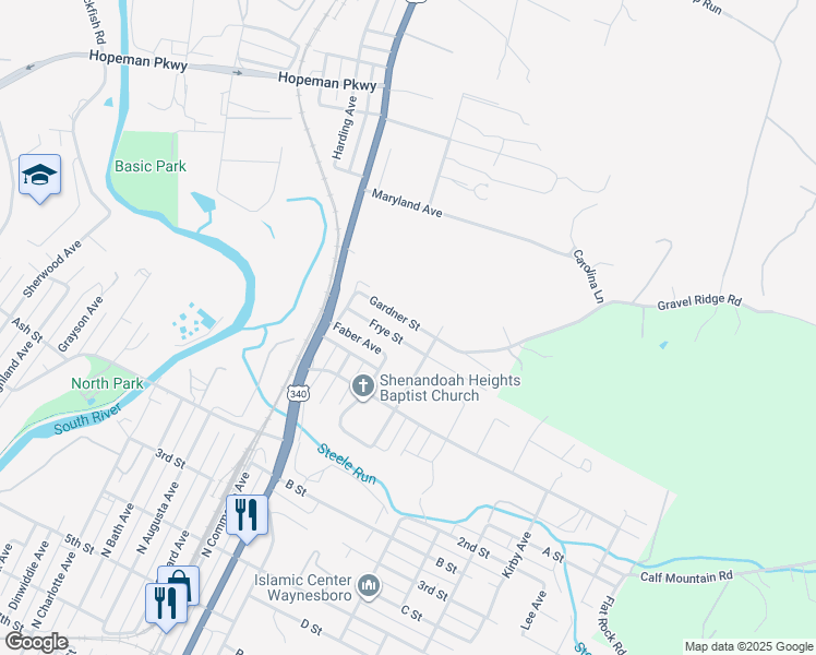 map of restaurants, bars, coffee shops, grocery stores, and more near 1004 Gardner Street in Waynesboro
