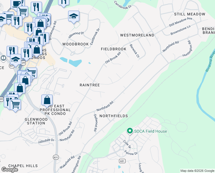 map of restaurants, bars, coffee shops, grocery stores, and more near 1143 Raintree Dr in Charlottesville