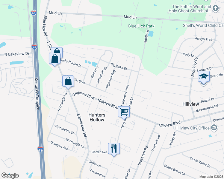 map of restaurants, bars, coffee shops, grocery stores, and more near 272 Bigwood Way in Louisville