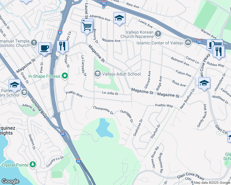 map of restaurants, bars, coffee shops, grocery stores, and more near 492 La Jolla St in Vallejo