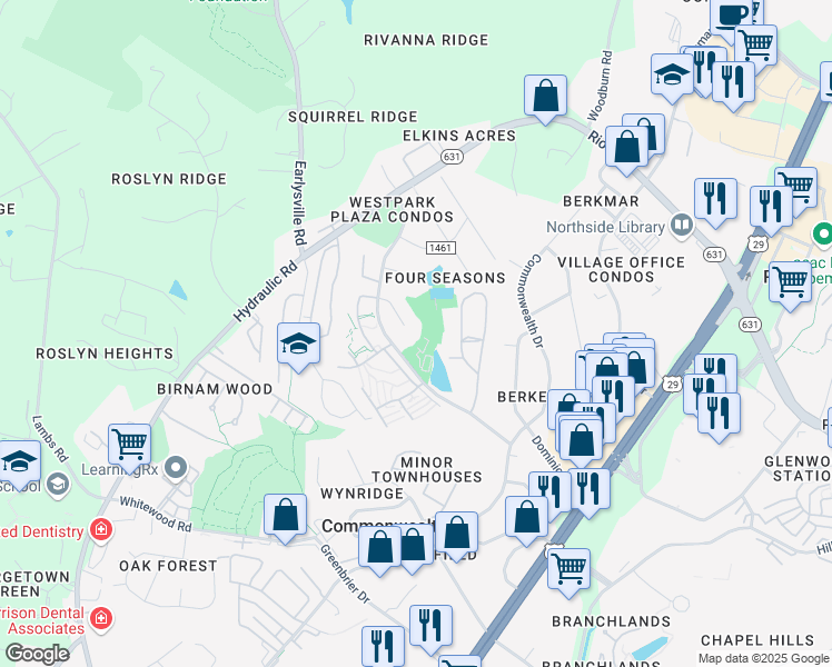 map of restaurants, bars, coffee shops, grocery stores, and more near 271 Lakeview Drive in Charlottesville