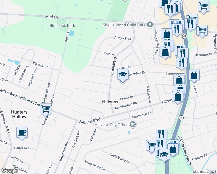 map of restaurants, bars, coffee shops, grocery stores, and more near 107 Starlite Drive in Louisville