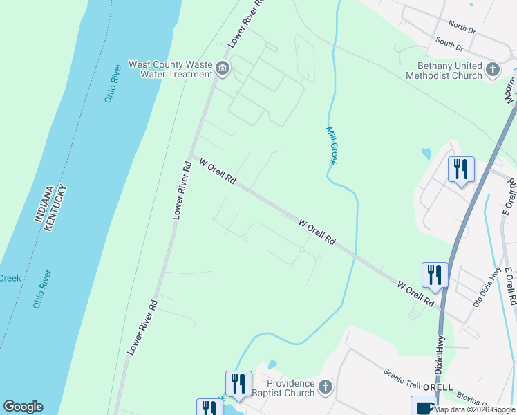 map of restaurants, bars, coffee shops, grocery stores, and more near 7202 West Orell Road in Louisville