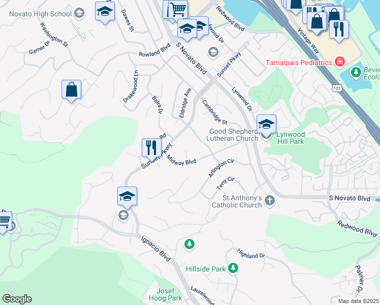 map of restaurants, bars, coffee shops, grocery stores, and more near 6 Renata Court in Novato