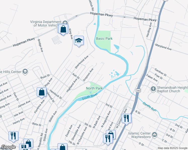 map of restaurants, bars, coffee shops, grocery stores, and more near 877 Fairfax Avenue in Waynesboro
