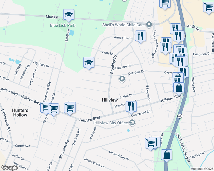 map of restaurants, bars, coffee shops, grocery stores, and more near 107 Starlite Drive in Louisville
