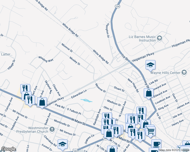 map of restaurants, bars, coffee shops, grocery stores, and more near 1905 Monroe Street in Waynesboro