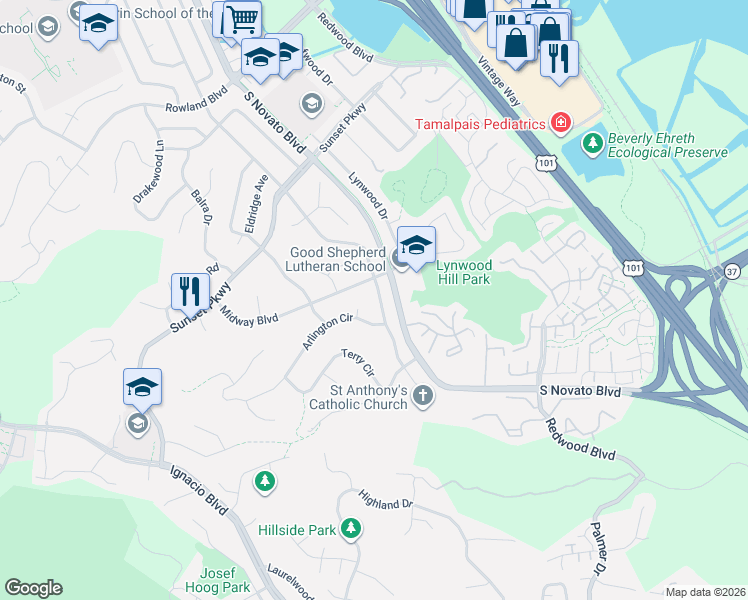 map of restaurants, bars, coffee shops, grocery stores, and more near 1177 Cambridge Street in Novato