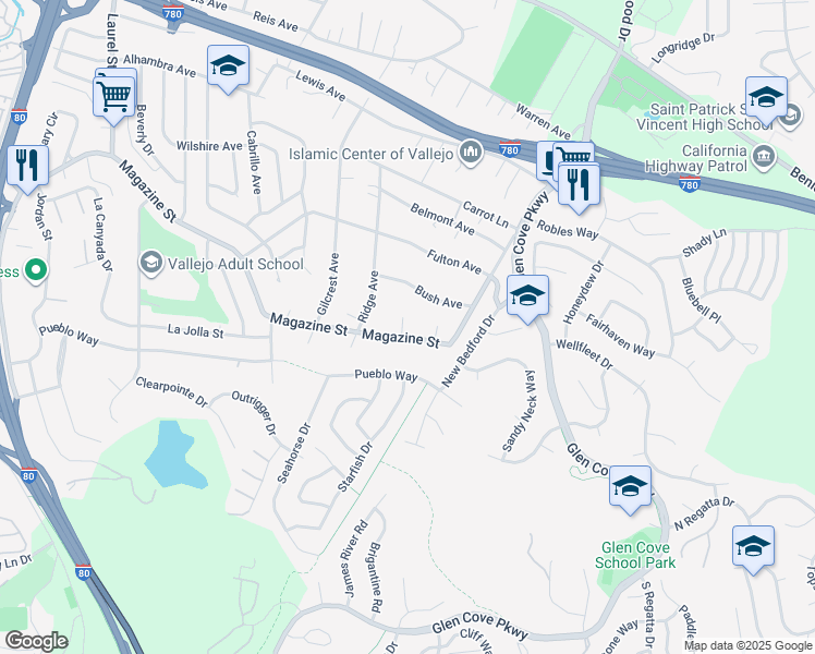 map of restaurants, bars, coffee shops, grocery stores, and more near 1900 Magazine Street in Vallejo