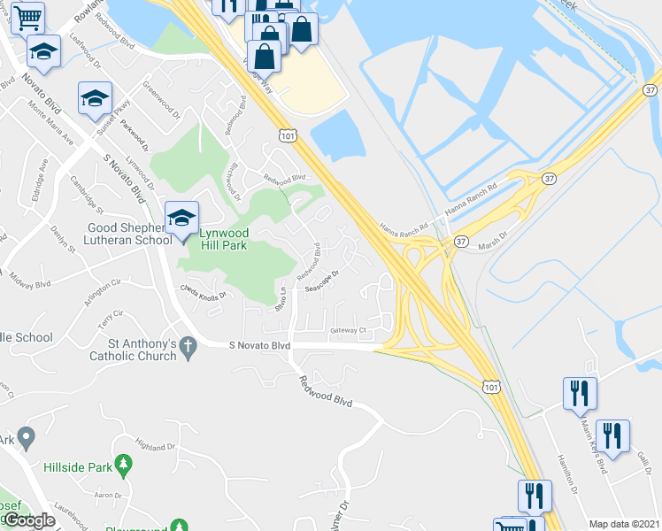 map of restaurants, bars, coffee shops, grocery stores, and more near 420 Fernbridge Place in Novato
