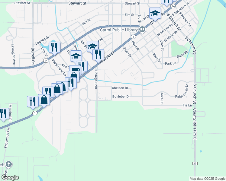 map of restaurants, bars, coffee shops, grocery stores, and more near 523 Abelson Drive in Carmi