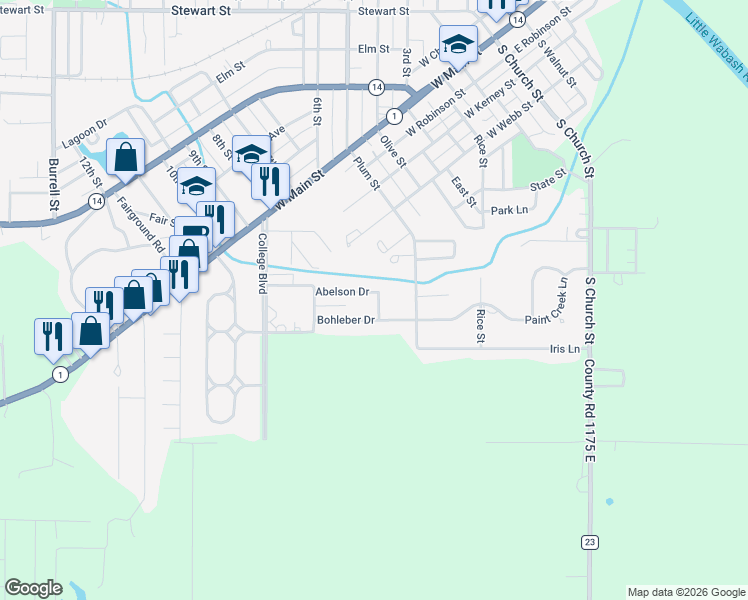 map of restaurants, bars, coffee shops, grocery stores, and more near 517-561 Abelson Drive in Carmi