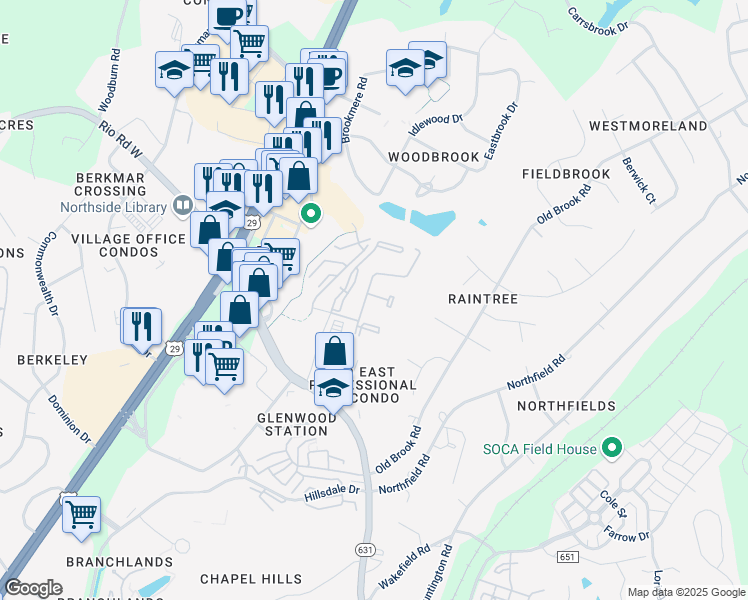 map of restaurants, bars, coffee shops, grocery stores, and more near 832 Mallside Forest Court in Charlottesville