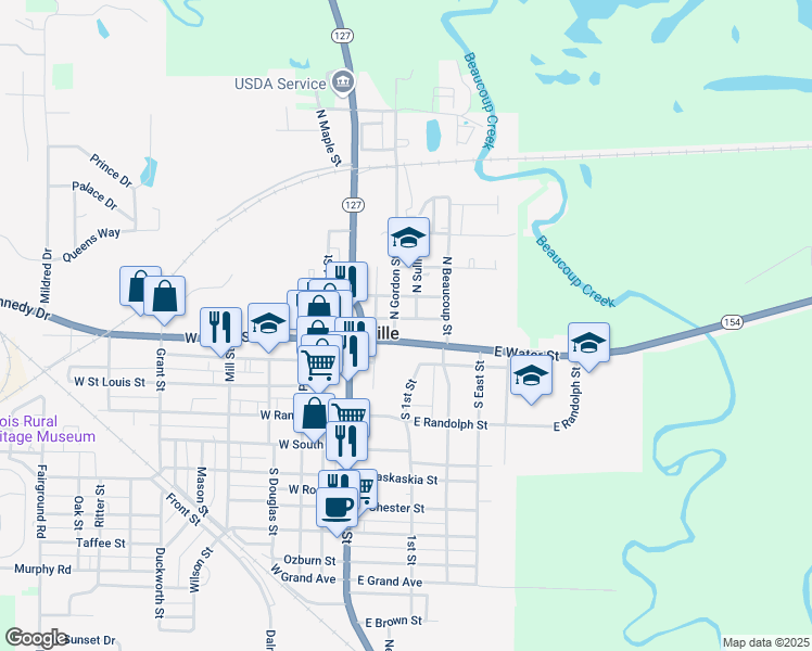 map of restaurants, bars, coffee shops, grocery stores, and more near 300-398 E Jackson St in Pinckneyville