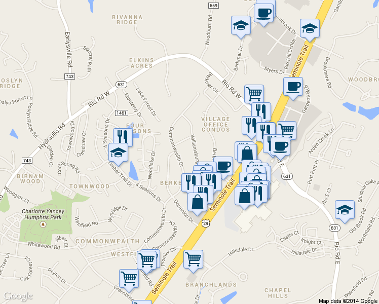 map of restaurants, bars, coffee shops, grocery stores, and more near 2221 Williamsburg Road in Charlottesville