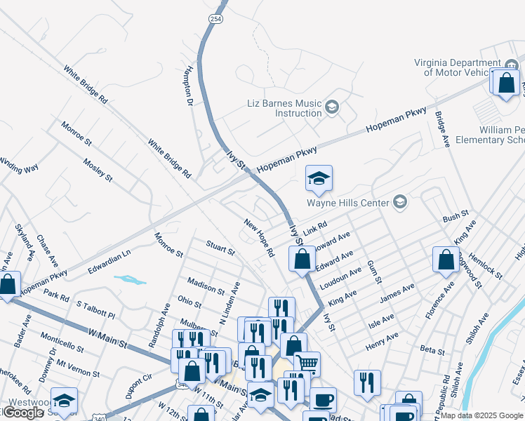 map of restaurants, bars, coffee shops, grocery stores, and more near 1641 Wickham Lane in Waynesboro