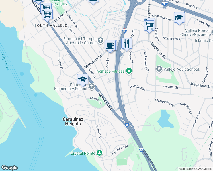 map of restaurants, bars, coffee shops, grocery stores, and more near 1128 5th St in Vallejo