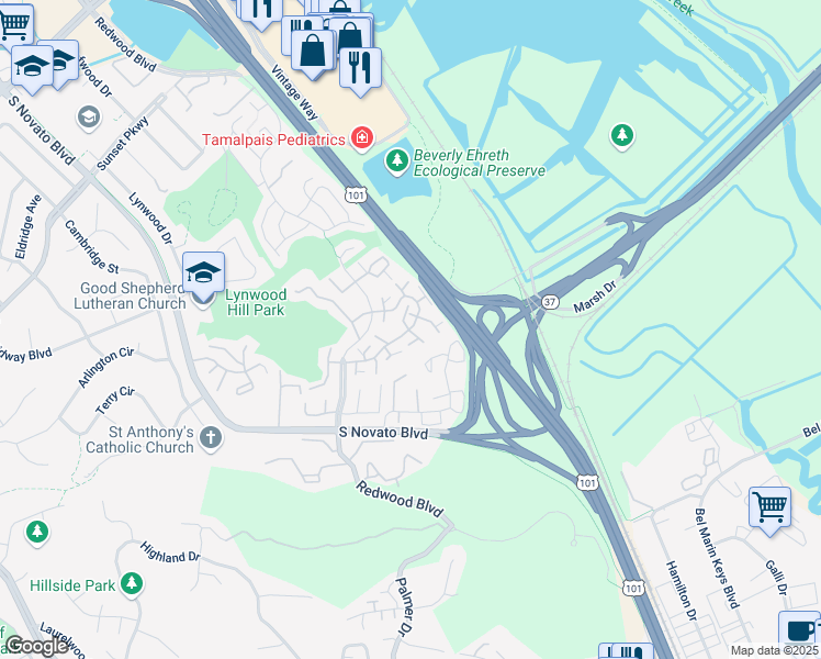 map of restaurants, bars, coffee shops, grocery stores, and more near 500 Loleta Lane in Novato