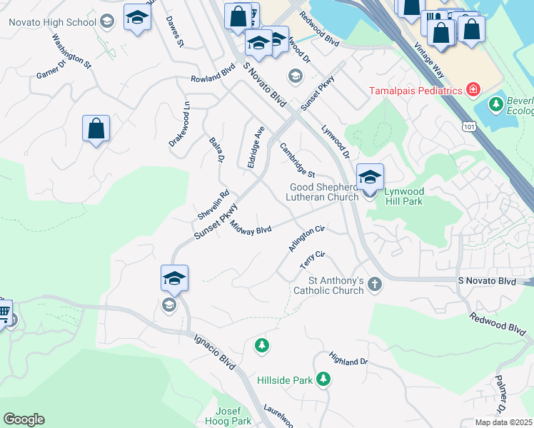 map of restaurants, bars, coffee shops, grocery stores, and more near 6 Renata Court in Novato