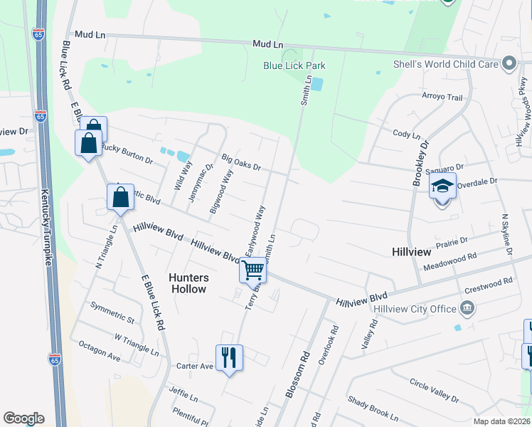 map of restaurants, bars, coffee shops, grocery stores, and more near 268 Earlywood Way in Louisville