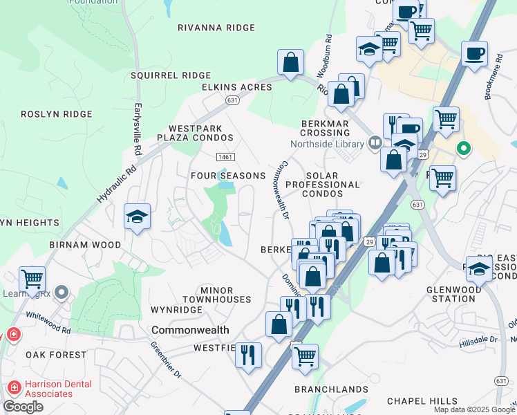 map of restaurants, bars, coffee shops, grocery stores, and more near 74 Woodlake Dr in Charlottesville
