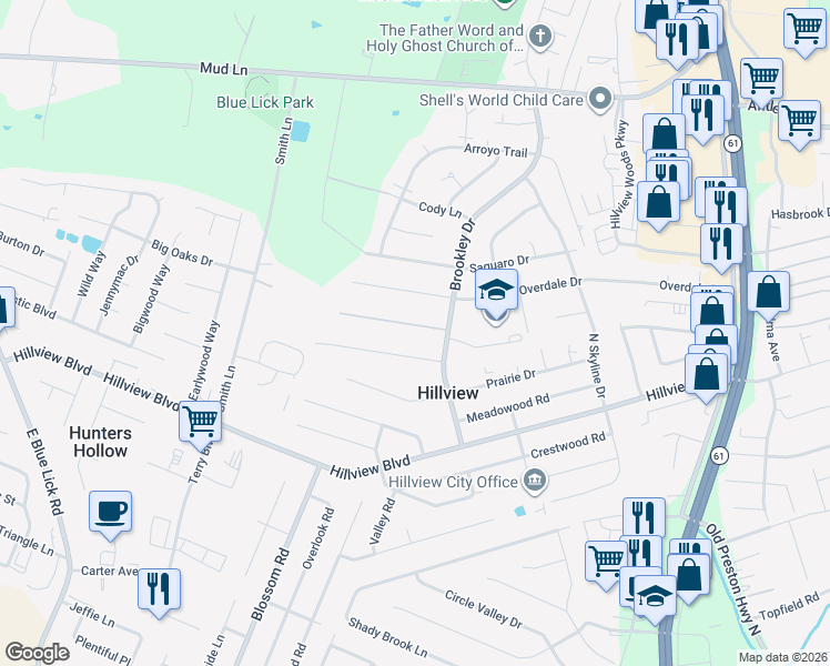 map of restaurants, bars, coffee shops, grocery stores, and more near 163 Starlite Drive in Louisville