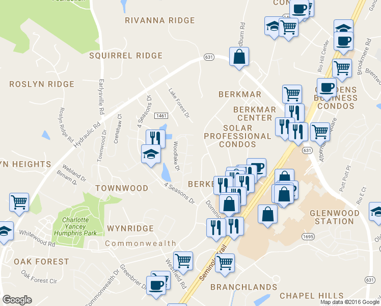 map of restaurants, bars, coffee shops, grocery stores, and more near 74 Woodlake Dr in Charlottesville