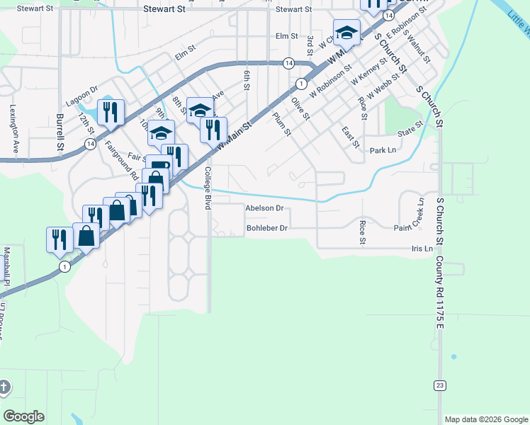 map of restaurants, bars, coffee shops, grocery stores, and more near 517 Abelson Drive in Carmi