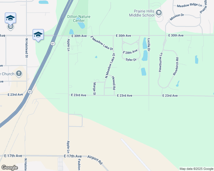 map of restaurants, bars, coffee shops, grocery stores, and more near 2400 North Meadow Lake Drive in Hutchinson