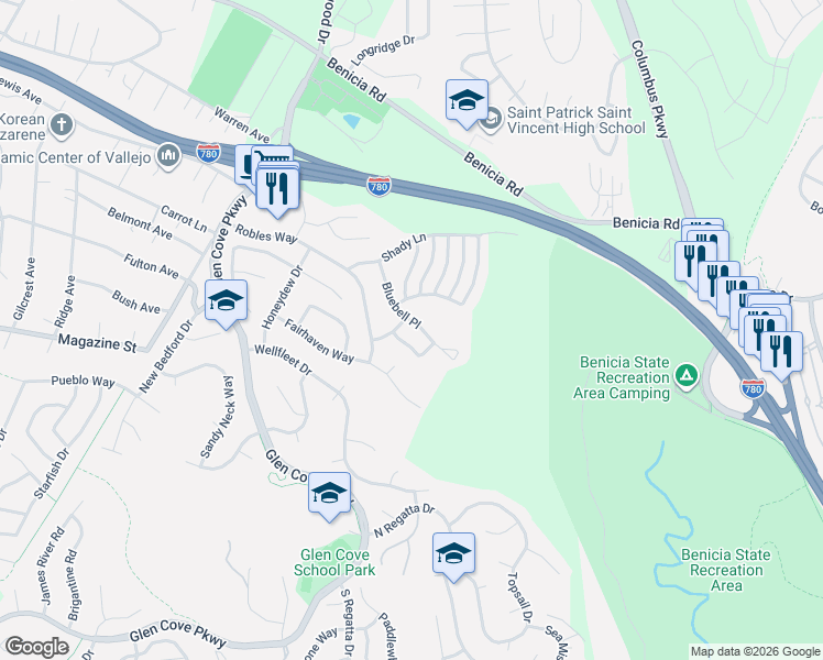 map of restaurants, bars, coffee shops, grocery stores, and more near 116 Silverpine Lane in Vallejo