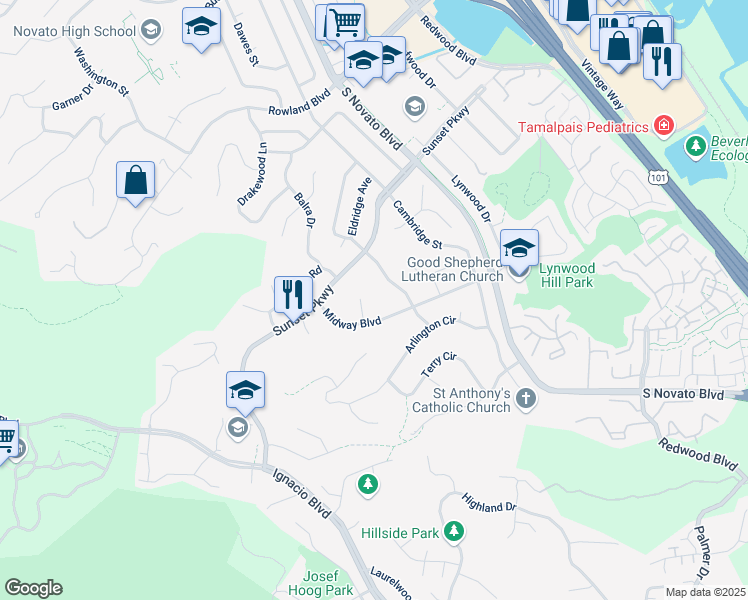 map of restaurants, bars, coffee shops, grocery stores, and more near 6 Renata Court in Novato