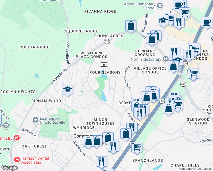 map of restaurants, bars, coffee shops, grocery stores, and more near 136 Woodlake Drive in Charlottesville