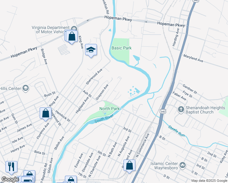 map of restaurants, bars, coffee shops, grocery stores, and more near 877 Fairfax Avenue in Waynesboro