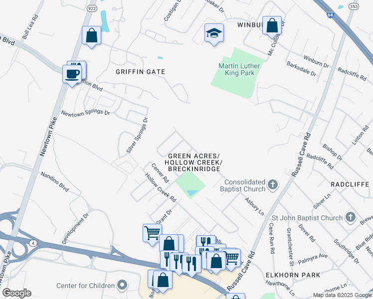 map of restaurants, bars, coffee shops, grocery stores, and more near 1595 Montrose Drive in Lexington