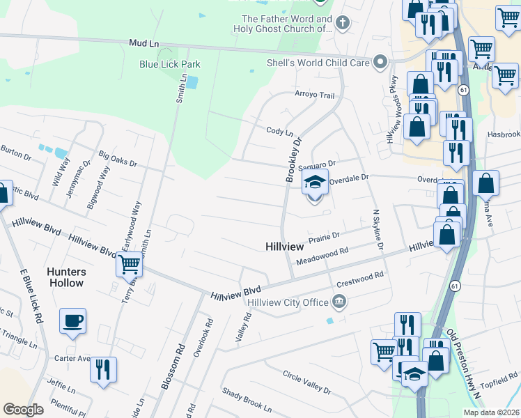map of restaurants, bars, coffee shops, grocery stores, and more near 163 Starlite Drive in Louisville