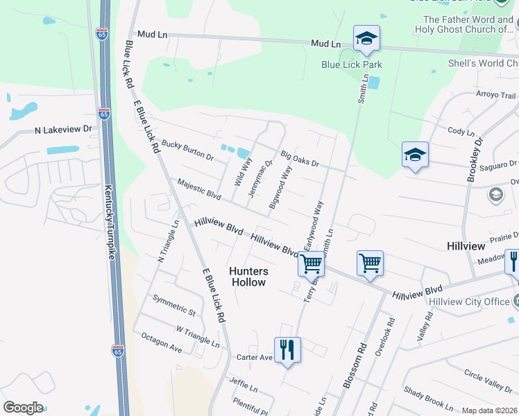 map of restaurants, bars, coffee shops, grocery stores, and more near 391 Majestic Boulevard in Louisville