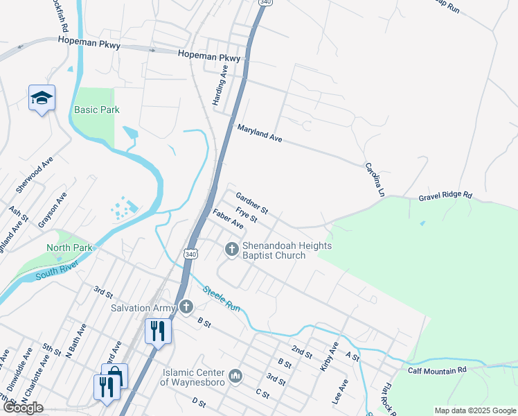 map of restaurants, bars, coffee shops, grocery stores, and more near Gardner Street in Waynesboro