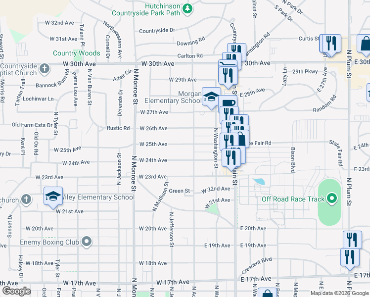 map of restaurants, bars, coffee shops, grocery stores, and more near 207 West 25th Avenue in Hutchinson