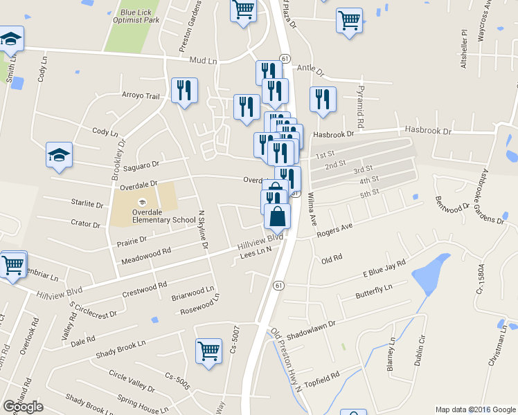 map of restaurants, bars, coffee shops, grocery stores, and more near 233 Knollwood Circle in Louisville