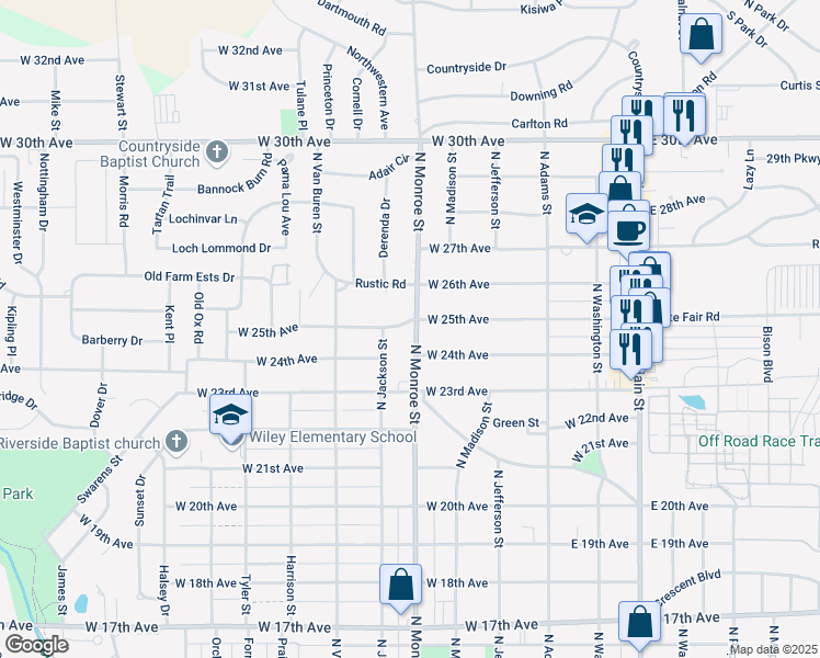 map of restaurants, bars, coffee shops, grocery stores, and more near 501 West 25th Avenue in Hutchinson