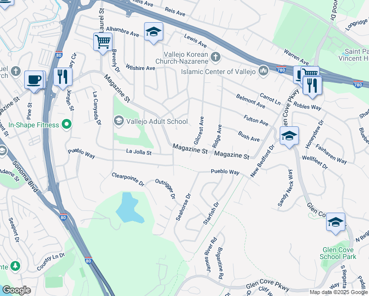map of restaurants, bars, coffee shops, grocery stores, and more near 1619 Magazine Street in Vallejo