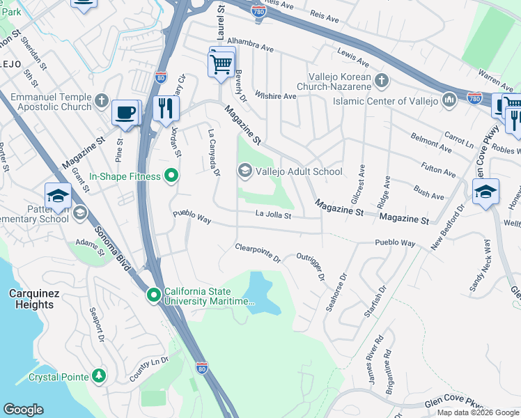 map of restaurants, bars, coffee shops, grocery stores, and more near 444 La Jolla St in Vallejo