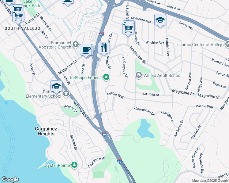 map of restaurants, bars, coffee shops, grocery stores, and more near 128 Pueblo Way in Vallejo