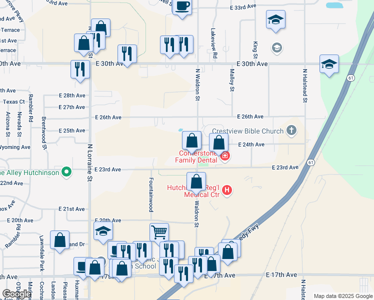 map of restaurants, bars, coffee shops, grocery stores, and more near 2319 North Waldron Street in Hutchinson