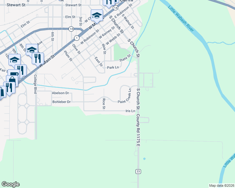 map of restaurants, bars, coffee shops, grocery stores, and more near 1-599 Tar Spring Drive in Carmi