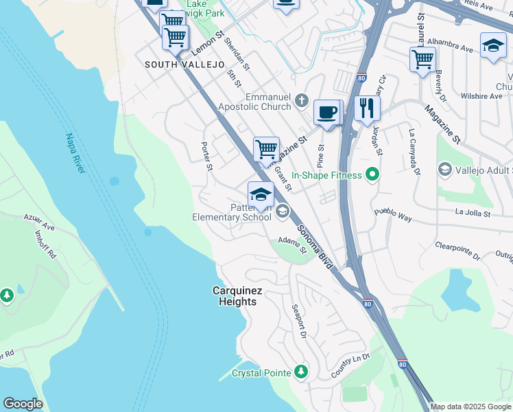 map of restaurants, bars, coffee shops, grocery stores, and more near 1080 Porter Street in Vallejo