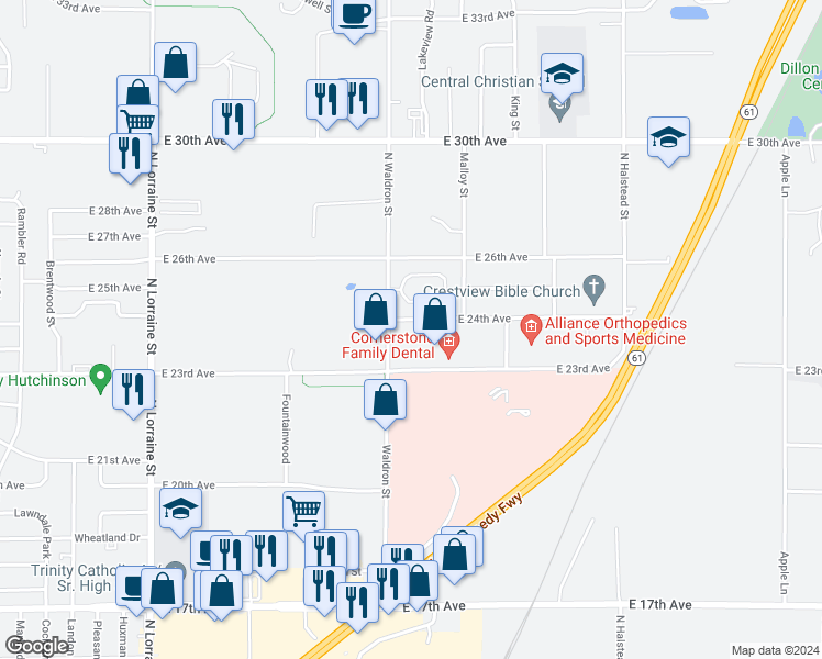 map of restaurants, bars, coffee shops, grocery stores, and more near 1705 East 24th Avenue in Hutchinson