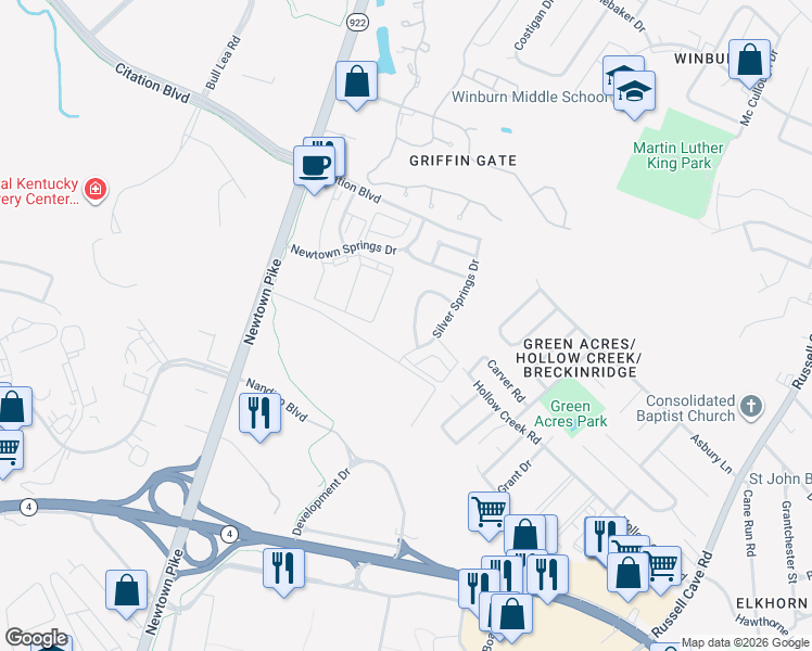 map of restaurants, bars, coffee shops, grocery stores, and more near 760 Dawson Springs Way in Lexington