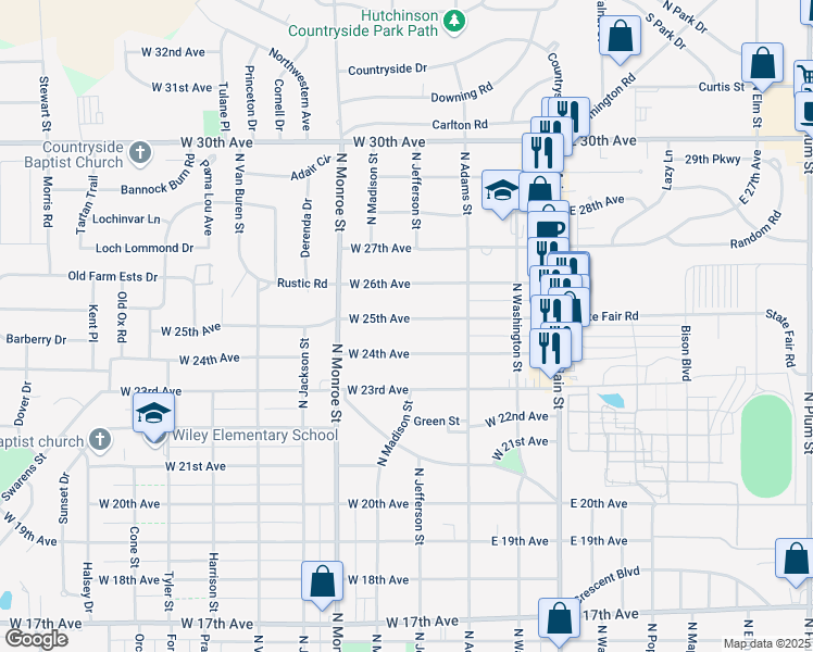map of restaurants, bars, coffee shops, grocery stores, and more near 311 West 25th Avenue in Hutchinson