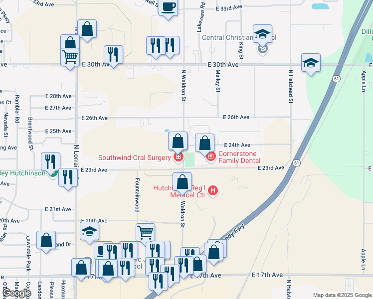 map of restaurants, bars, coffee shops, grocery stores, and more near 1701 East 24th Avenue in Hutchinson